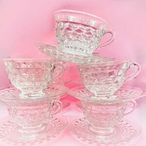 Fostoria American Clear Flared Matching Cup & Saucers Whitehall Cubic Cubist